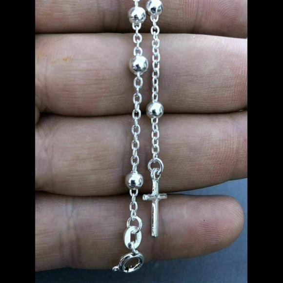 4mm Rosary Bead Rosario Cross Bracelet Genuine Solid 925 Sterling Silver… - Picture 6 of 9